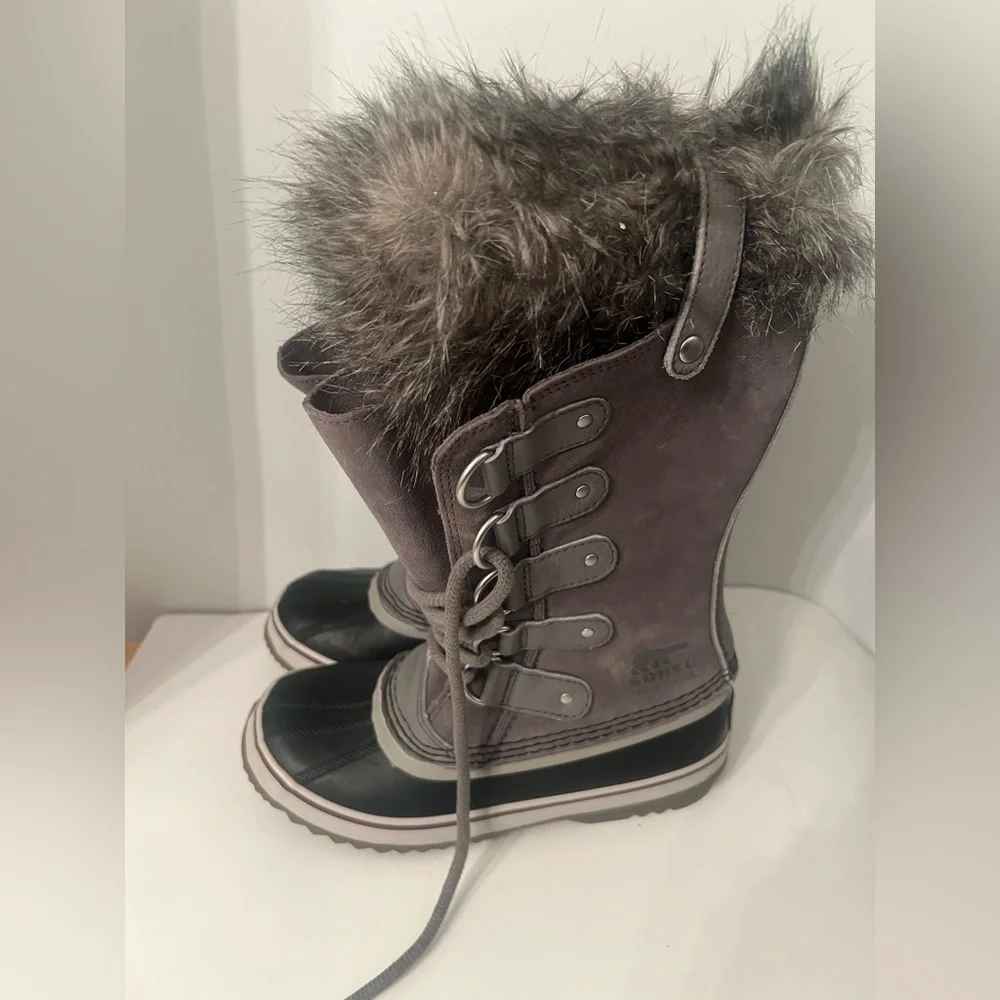 Sorel Black and Gray Winter Rain Boots with Faux Fur Trim